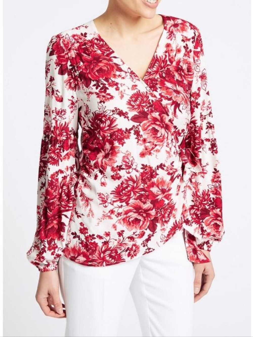 Per Una M&S Red Floral Wrap Top Voluminous Long Sleeve Size UK 14 / US M/L